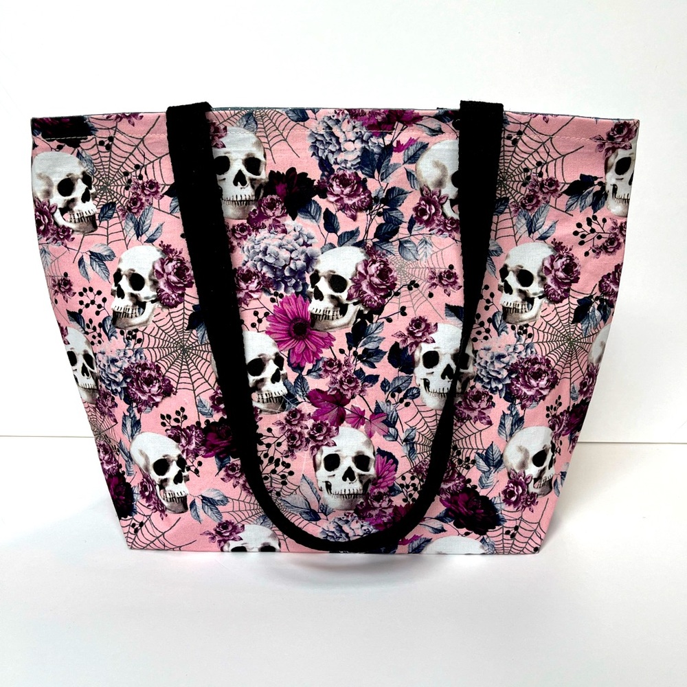 Handmade Floral Skull Tote Bag - Pink and Black